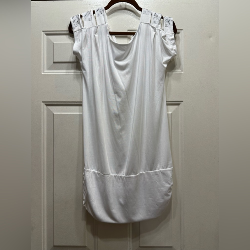 NWOT White Bling Cold Shoulder “ Lupsona” Fancy Stretch Dress